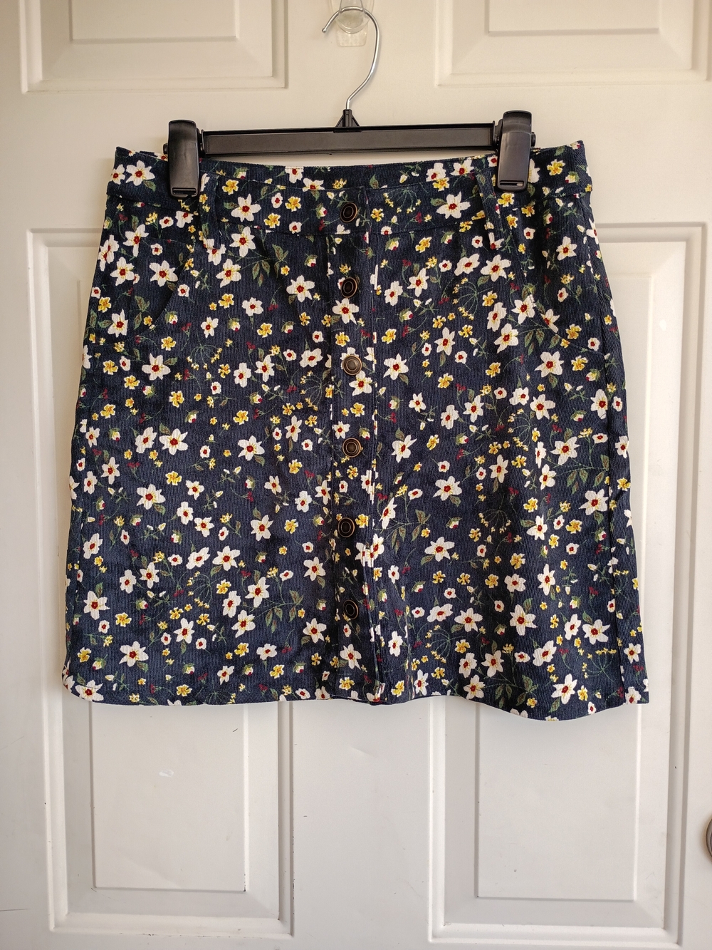 Kori America Navy Blue Floral Corduroy Button Front Skirt Size Medium